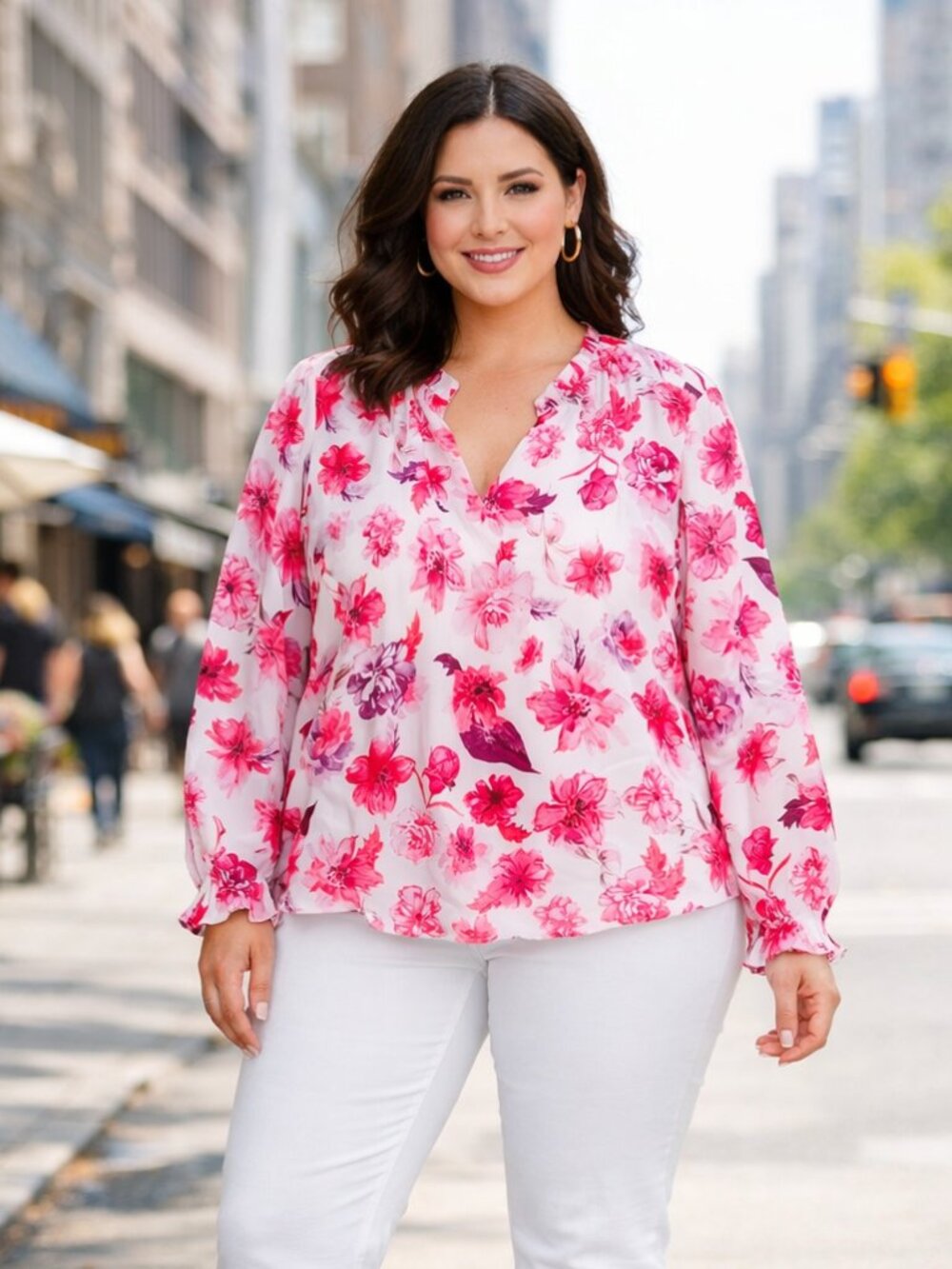 Women XXL Pink Floral V-Neck Blouse Cottagecore Maximalist Coquette Chiffon Top